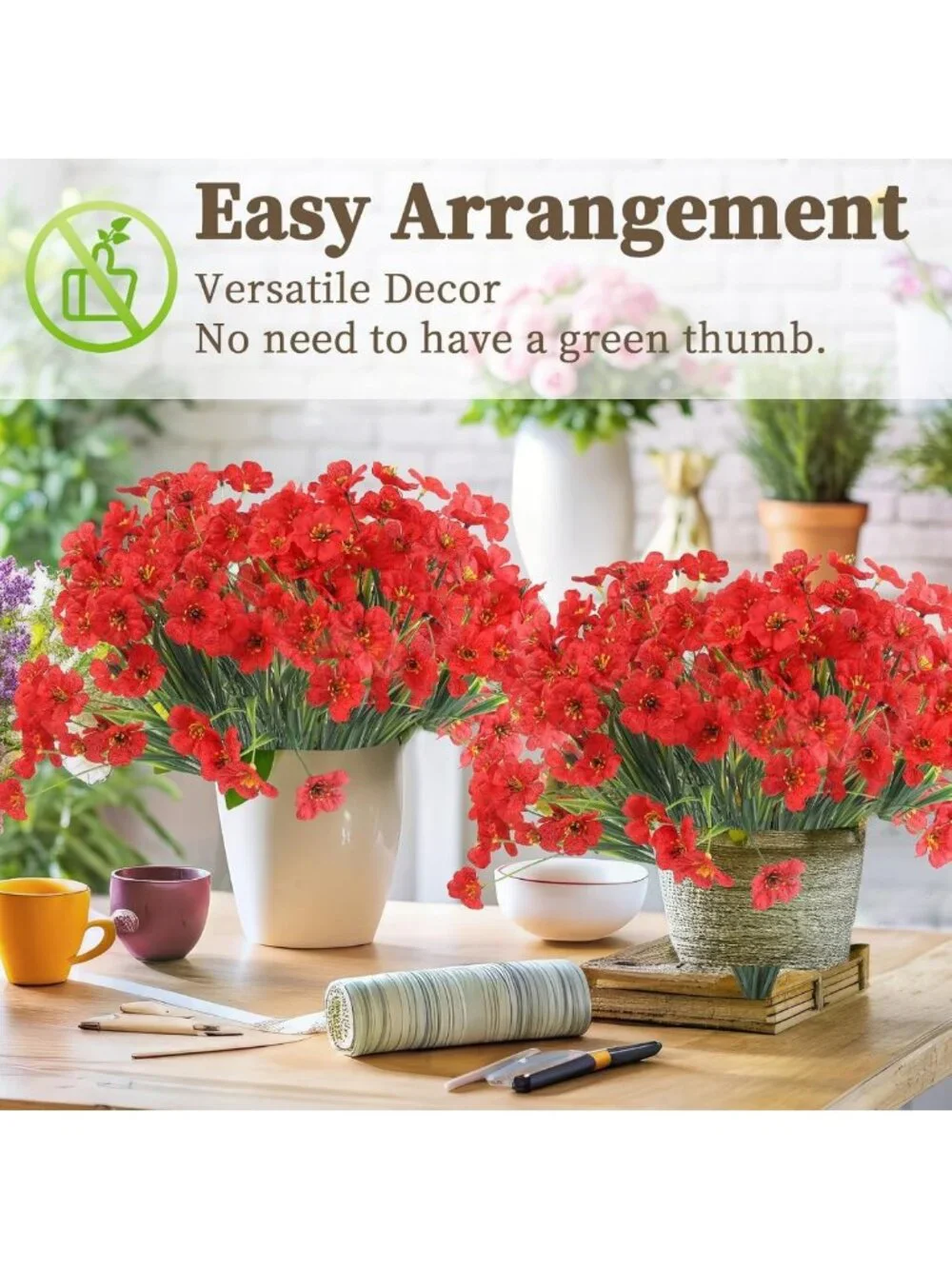 24 Red Artificial Flowers - Vibrant Fake Plants for Indoor/Outdoor Decor